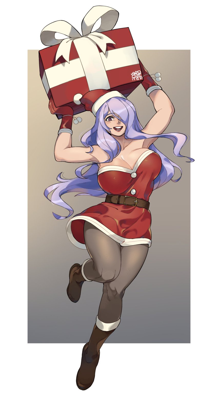 1girls absurdres alternate_costume black_footwear black_pantyhose boots border bow box breasts camilla_(fire_emblem) christmas cleavage collarbone commission dress english_commentary female female_only fire_emblem fire_emblem_fates fur_trim gift gift_box hair_over_one_eye highres holding holding_gift large_breasts long_hair nintendo one_eye_covered open_clothes open_mouth pantyhose purple_eyes purple_hair red_dress red_headwear santa_dress smile snowcie solo strapless strapless_dress very_long_hair white_border white_bow wholesome