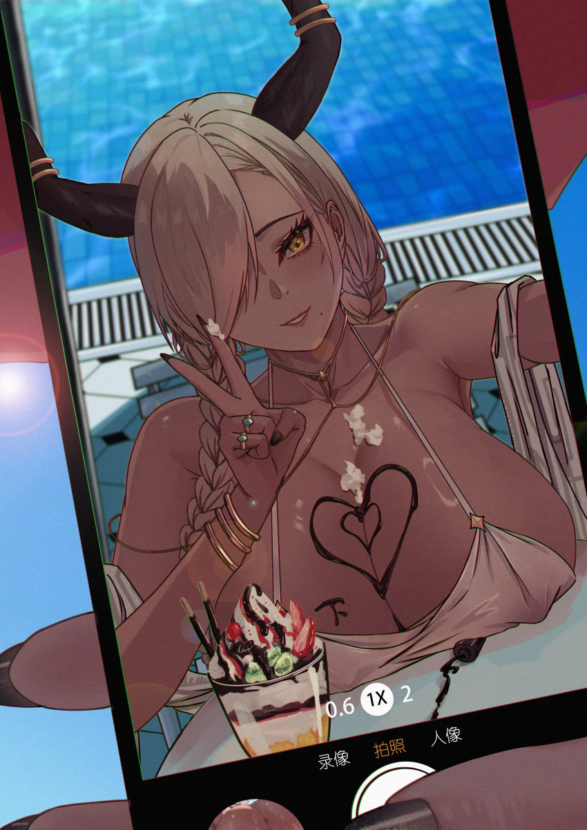 1girls absurdres artist_self-reference azur_lane black_nails bracelets braid breasts candy cellphone chocolate chocolate_on_body chocolate_on_breasts cleavage covered_nipples female female_pov food food_on_body fruit hair_over_one_eye heart heart-shaped_chocolate highres holding holding_phone huge_breasts ice_cream jewelry large_horns long_hair looking_at_phone looking_at_viewer low_twin_braids necklace noyuki_(3702) official_alternate_costume one-piece_swimsuit one_eye_covered one_eye_obstructed owari_(azur_lane) owari_(shimmering_forsythia)_(azur_lane) parfait phone pool poolside pov ring rings sakura_empire_(azur_lane) selfie smartphone solo_female strawberry strawberry_parfait swimsuit taking_picture tan-skinned_female tan_skin twin_braids upper_body v wafer_stick water whipped_cream white_one-piece_swimsuit white_swimsuit yellow_eye