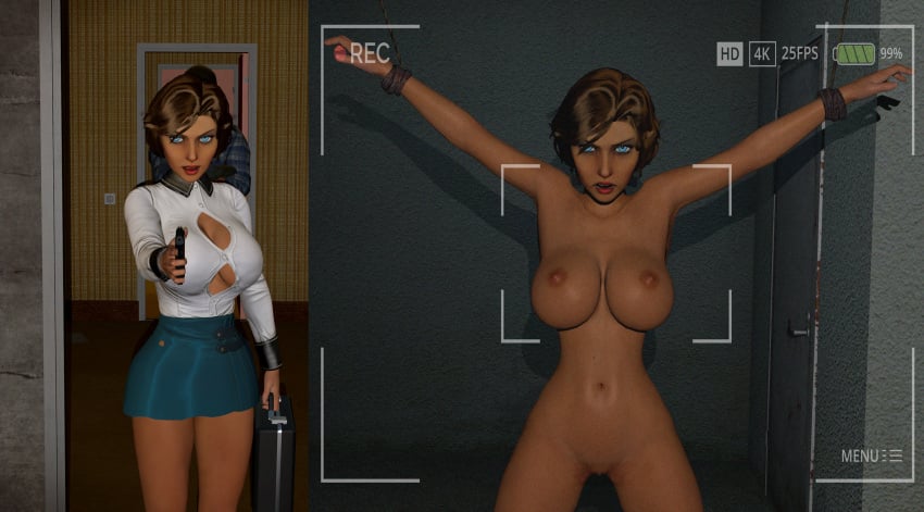 3d areolae before_and_after big_breasts bioshock bioshock_infinite blue_eyes breasts brown_hair bursting_breasts busty cleavage elizabeth_comstock eyeliner eyeshadow female female_focus hourglass_figure instant_loss_2koma large_breasts lipstick long_hair makeup miniskirt navel nipples overflowing_breasts pistol ponytail prisoner pussy scelusnizer shaved_pussy shirt skirt straight_hair tagme tan tan_body tied_up vagina wide_hips