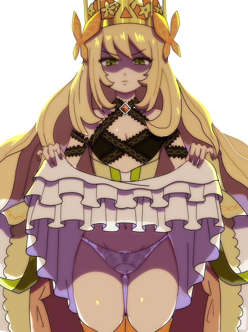 1girls absurdres angry ass_visible_through_thighs bare_midriff bare_thighs birabirakun birakun83 blonde_hair breasts butterfly_hair_ornament celine_(fire_emblem) cleavage clothes_lift crown disgust disgusted disgusted_expression disgusted_face disgusted_look dress dress_lift female female_only fire_emblem fire_emblem_engage flower frown green_eyes hair_flower hair_ornament highres lifted_by_self long_hair looking_at_viewer midriff navel nintendo panties princess royalty skirt_lift small_breasts solo thighhighs thighs underwear upskirt very_long_hair white_background white_panties