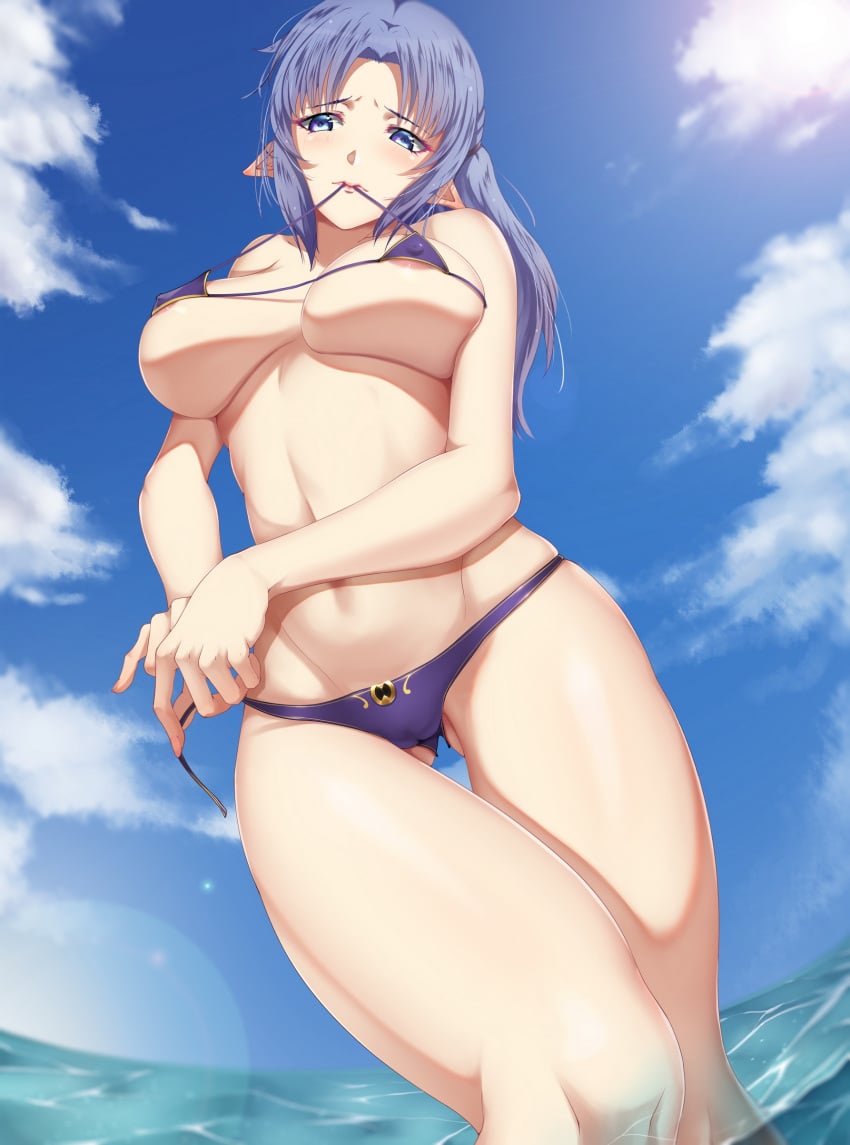 1girls areola areola_slip areolae areolae_slip big_breasts bikini bikini_bottom bikini_in_mouth bikini_top blue_eyes blush fate/grand_order fate/stay_night fate_(series) female female_only human human_only light-skinned_female light_skin long_hair loose_bikini medea_(fate) nipple_slip ocean purple_bikini purple_bikini_bottom purple_bikini_top purple_hair small_bikini solo solo_female wardrobe_malfunction