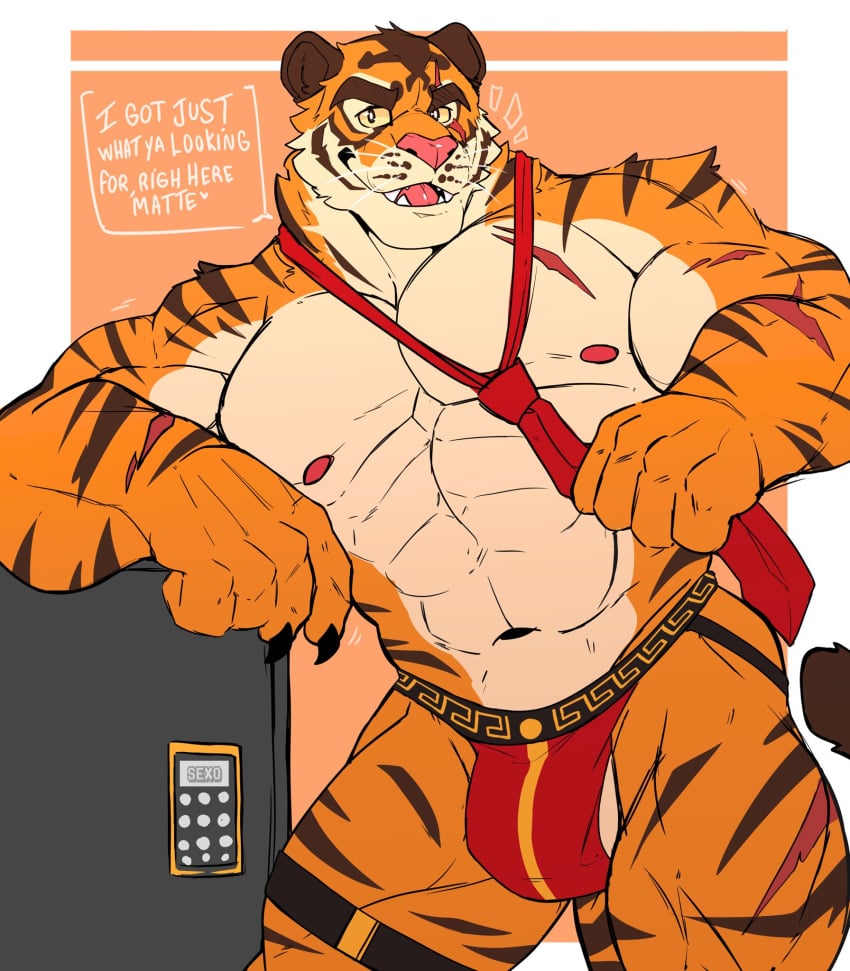 2023 abs anthro barazoku biceps big_muscles bulge claws clothed clothing dialogue english_text epic_games eyebrows felid fortnite fur hi_res huge_muscles inviting jockstrap jockstrap_only legband looking_at_viewer male male_only mammal muscular muscular_anthro muscular_male navel necktie nipples oscar_(fortnite) palth6 pantherine pecs scar seductive simple_background solo standing talking_to_viewer text thick_thighs tiger topless topless_anthro topless_male tuft underwear underwear_only versace whiskers