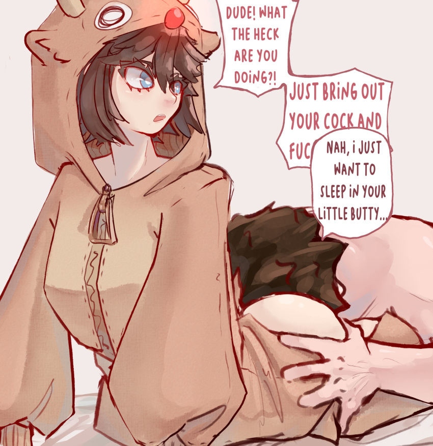 1boy 1girls ass blue_eyes bottomless brown_hair costume looking_back original original_character partially_clothed presenting reindeer tail text thick_thighs xolbaj