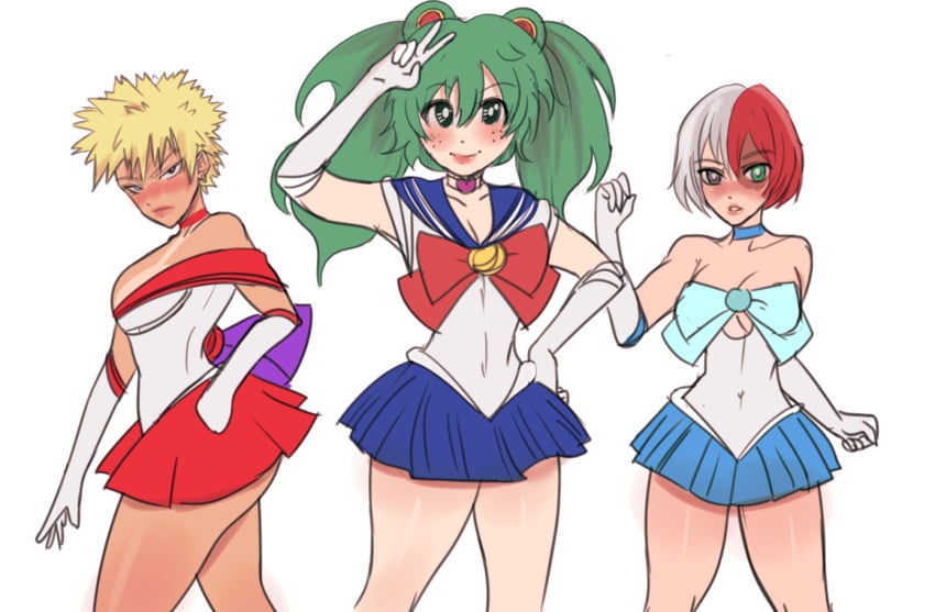 3girls bishoujo_senshi_sailor_moon blonde_hair breasts cleavage clothing elbow_gloves female_bakugou female_deku female_todoroki genderswap_(mtf) green_hair infinitesign izuku_midoriya katsuki_bakugou low_cut_top magical_girl medium_breasts multiple_girls my_hero_academia rule_63 sailor_mars_(cosplay) sailor_mercury_(cosplay) sailor_moon_(cosplay) short_skirt skirt tan thick_thighs todoroki_shouto twintails two_tone_hair wide_hips