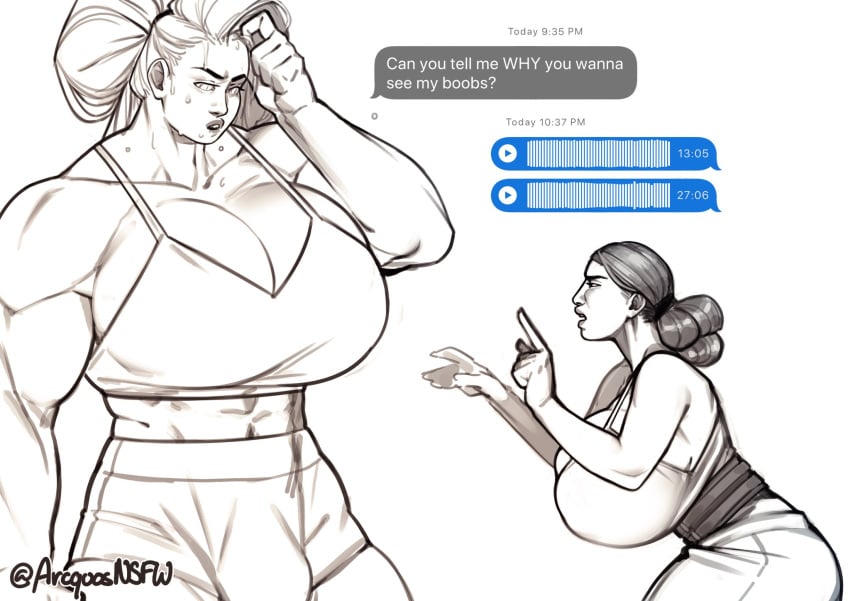 1futa 1girls 2023 arcquosnsfw breasts bulge clothed clothing dialogue duo english_text female flaccid fully_clothed futanari greyscale huge_breasts huge_cock human ios_(os) larger_futanari line_art meme monochrome muscular muscular_futanari penis sharky(arcquosnsfw) size_difference smaller_female standing text texting thick_thighs wide_hips