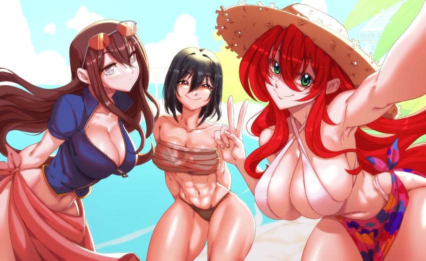 3girls abs beach big_breasts black_hair brown_hair female female_only glasses hat large_breasts long_hair looking_at_viewer muscular muscular_female nico_robin_(cosplay) nisego one_piece original_character red_hair short_hair swimsuit