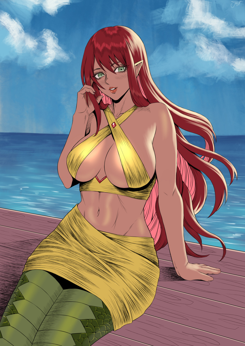 boob_window golden_clothing green_eyes inkjoel lamia large_breasts liliana(blarghonator) long_hair monster_girl original original_character pinup pinup_pose pointy_ears red_hair smiling smiling_at_viewer snake_tail the_city_of_reygarth