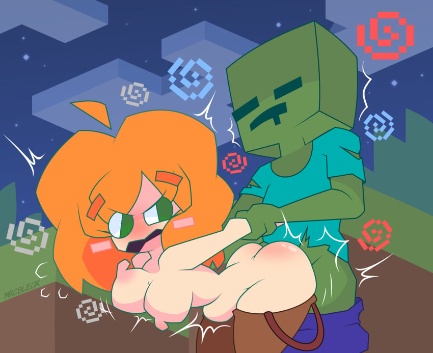 1boy 1girls alex_(minecraft) blush doggy_style ginger ginger_hair grabbing grabbing_from_behind green_eyes holding minecraft monster mrcbleck orange_hair rape red_hair shaking stomach_bulge zombie_(minecraft)