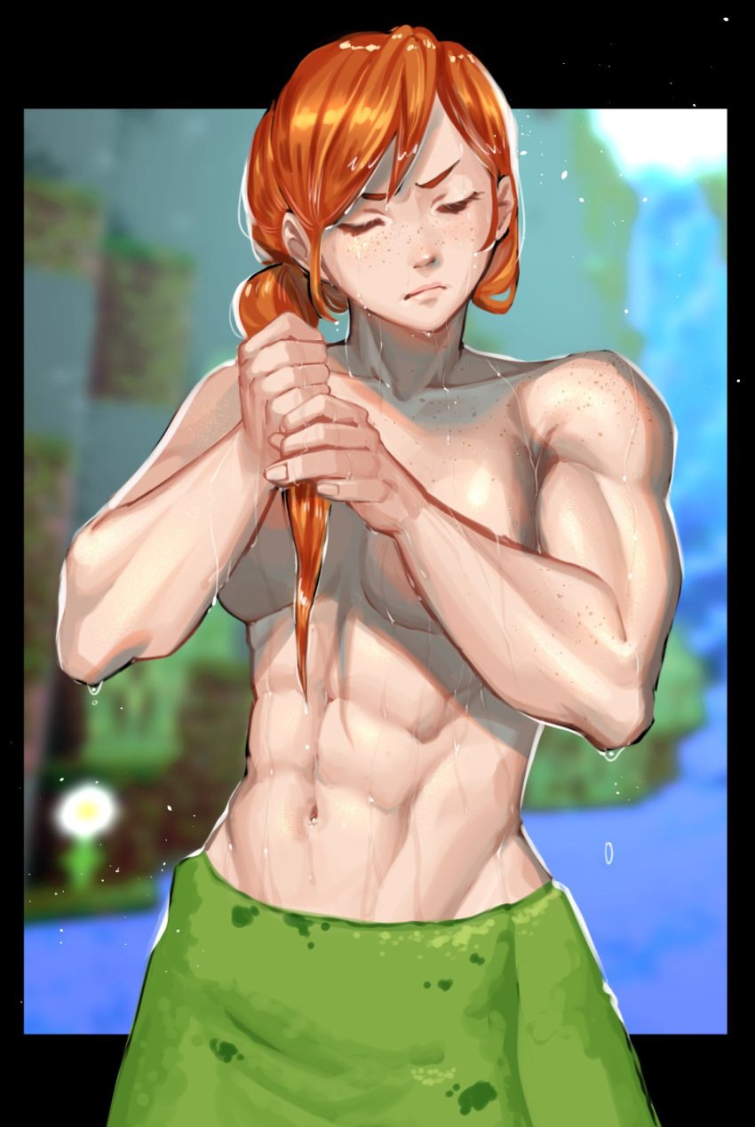 1girls abs alex_(minecraft) barley_juice biceps closed_eyes freckles ginger ginger_hair medium_breasts minecraft muscular muscular_female orange_hair red_hair tied_hair towel triceps wet