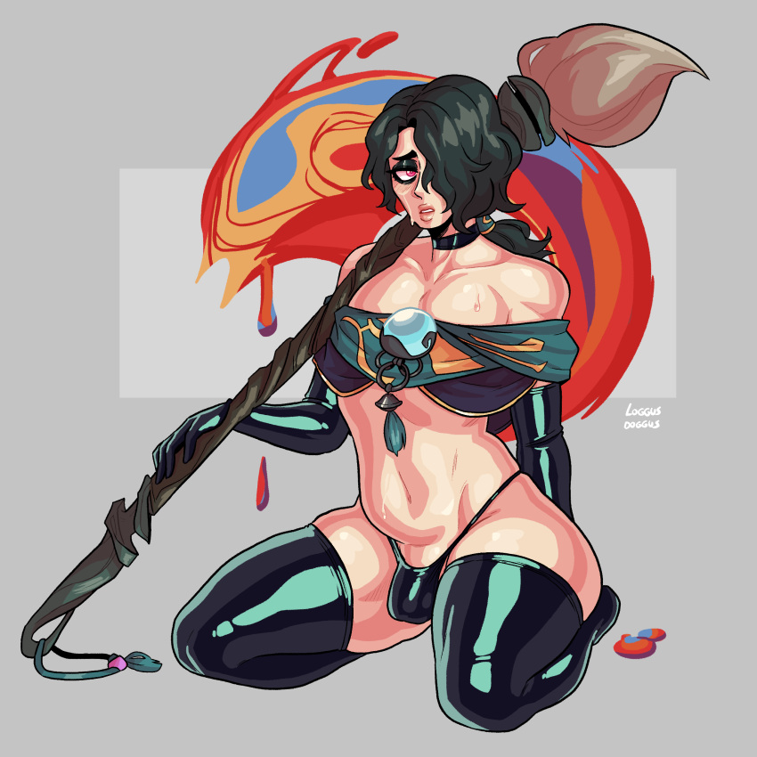 crossdressing curly_hair elbow_gloves eyeshadow femboy gloves green_hair latex latex_gloves latex_thighhighs latex_thong league_of_legends loggus_doggus lukai_hwei paint paint_brush pink_eyes ponytail solo_male thick_lips thick_thighs thighhighs thighs thong tired_eyes tummy