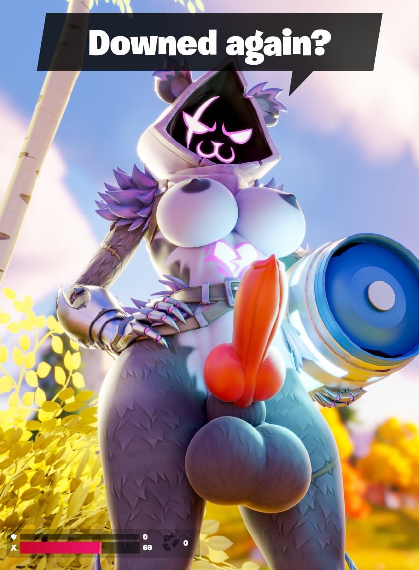 1futa 3d_(artwork) :3 abs absurd_res ambiguous_gender animal_genitalia animal_penis anthro athletic balls bear belt big_balls big_breasts breasts canine_genitalia canine_penis chug_jug clothing digital_media_(artwork) duo epic_games erection first_person_view fortnite fur futanari genitals gynomorph handwear hi_res intersex knot knotted_penis looking_at_viewer looking_down looking_down_at_viewer mammal muscular penis purple_body purple_clothing purple_eyes purple_fur raven_team_leader reaching reaching_out sheath solo speech_bubble submissive_pov taker_pov talking_to_viewer text thick_thighs watermark wide_hips zushou