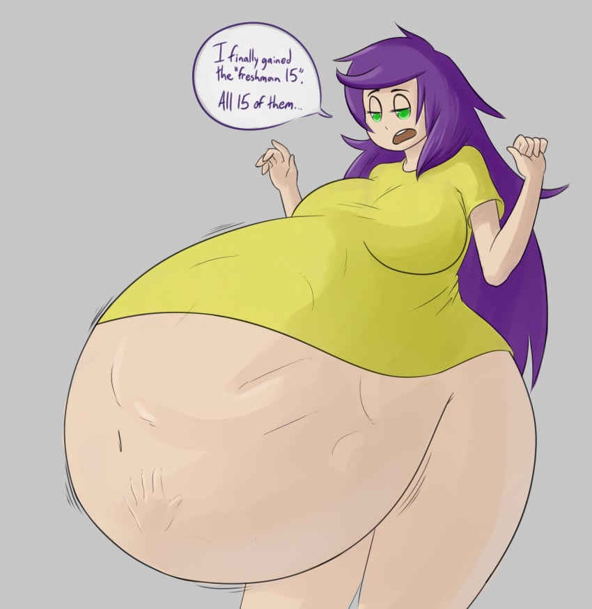 big_belly big_breasts detailed_bulge fatal_vore female_focus female_pred hand_imprint implied_digestion long_hair multiple_prey pantless purple_hair pyxxyl vore vore_belly yellow_shirt