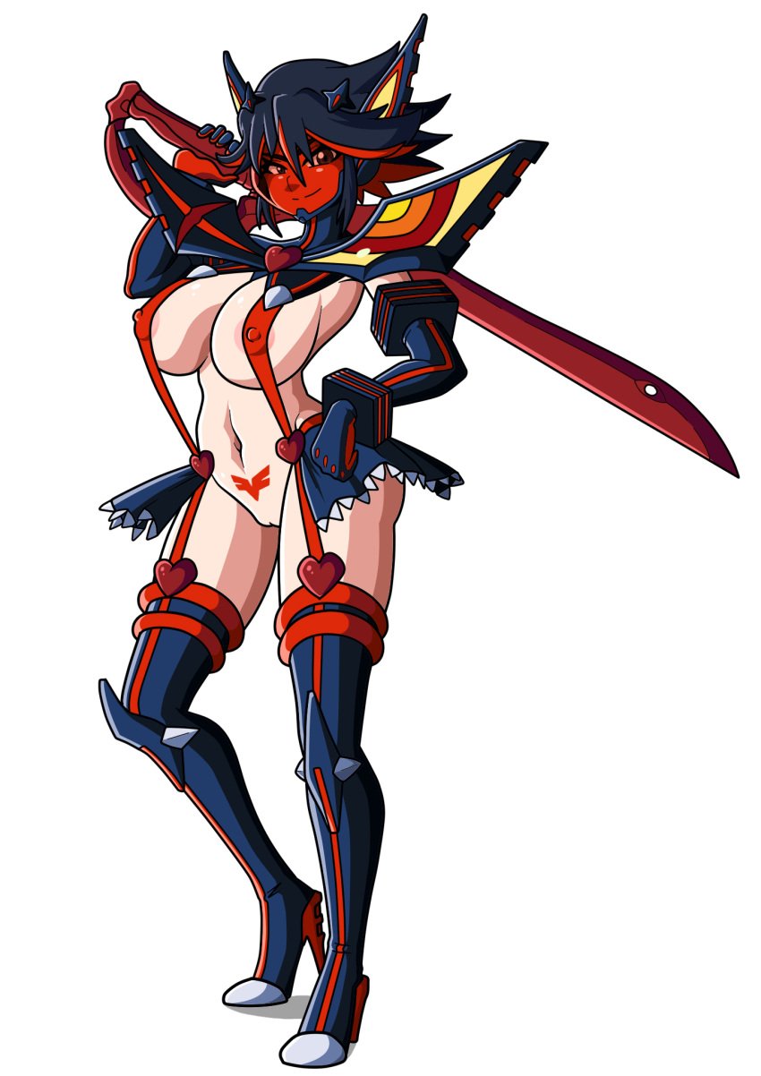 1girls adapted_costume angel_blade areola_slip big_breasts black_hair color colored female_focus female_only fist_on_own_hip functionally_nude functionally_nude_female hand_on_hip heart heart_accessory heel_boots high_heel_boots high_heels kill_la_kill matoi_ryuuko nipple_bulge nipples no_panties pubic_tattoo red_highlights red_strand_of_hair red_visor scissor_blade senketsu shaved_crotch shaved_pussy smiling smiling_at_viewer studio_trigger thick_thighs visor white_background witchking00