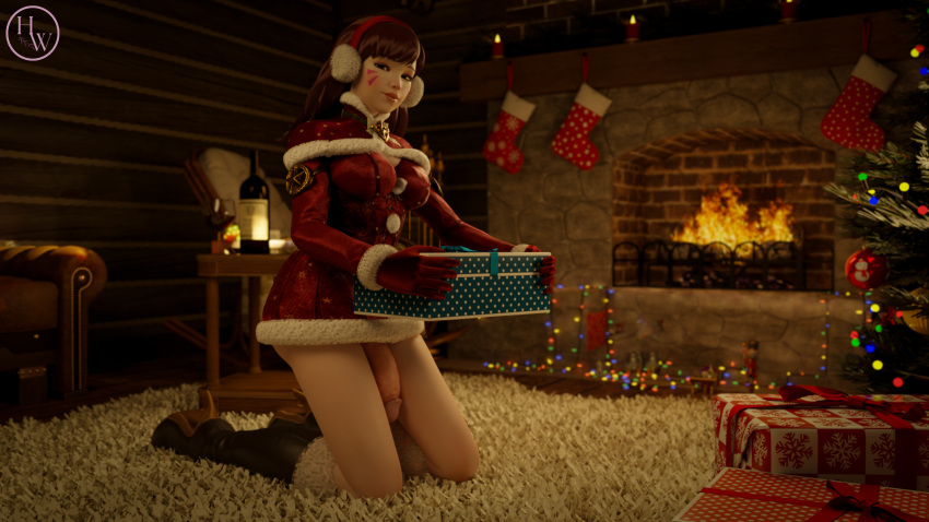 1futa 3d absurd_res blurry_background bottomless brown_eyes brown_hair christmas christmas_outfit d.va eyeshadow facial_markings flaccid futa_only futanari high_heel_boots hornywitches3d hung_futanari kneeling looking_at_viewer makeup medium_hair overwatch self_upload smile solo tagme