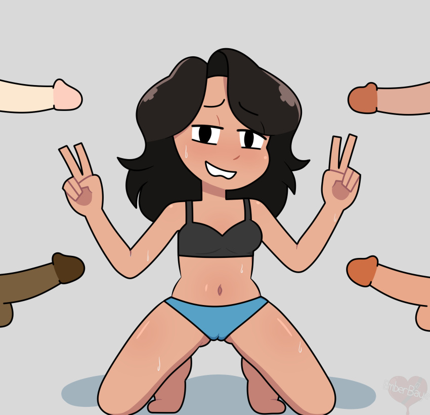 1girls 4boys abstract_background asian_female black_hair bra disembodied_penis emberbaye lip_biting tortie_(character) underwear v_sign youtube youtuber