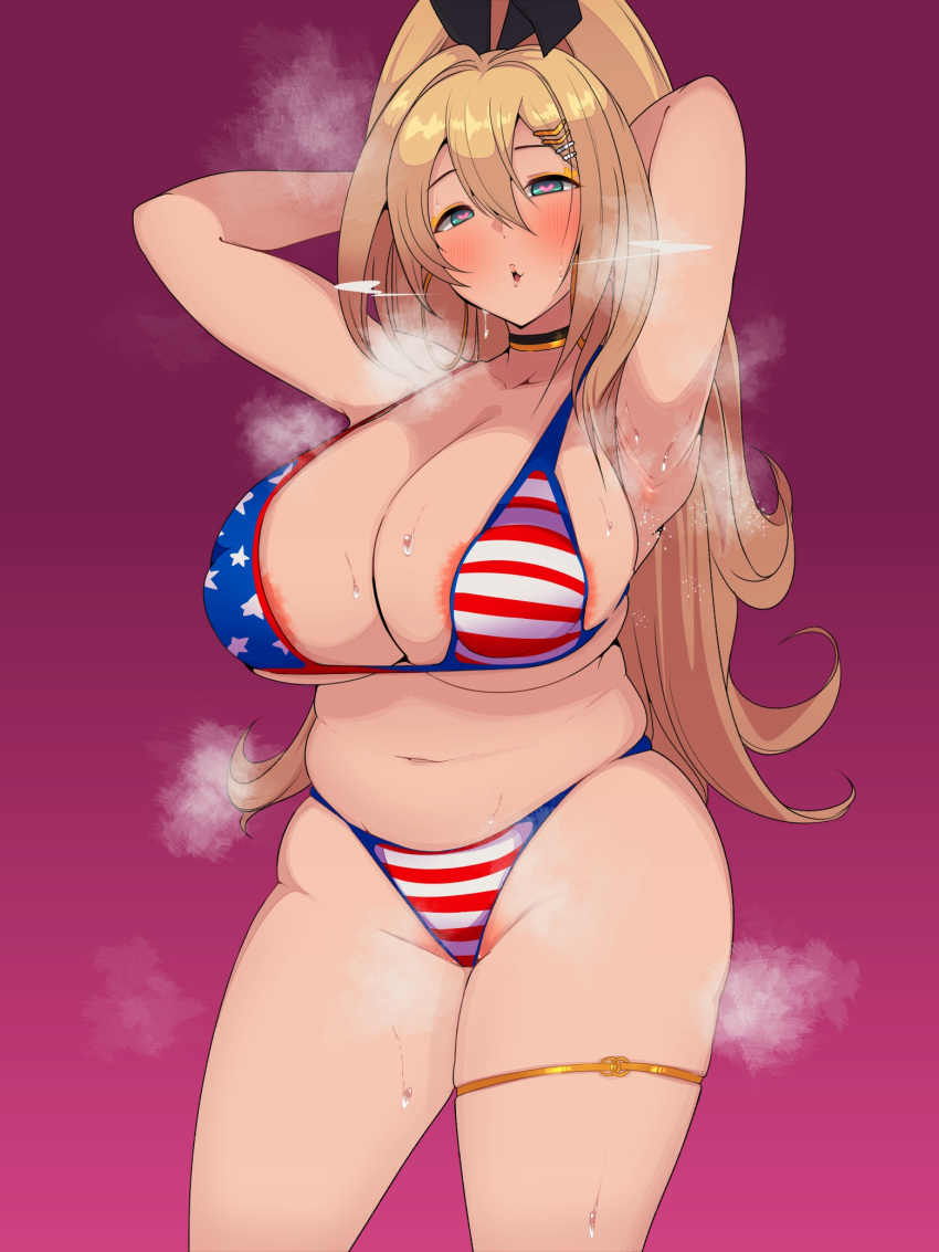 1girls american_flag_bikini areola_slip armpits arms_up bikini blonde_hair blush breasts choker cleavage collarbone goddess_of_victory:_nikke green_eyes gyaru hair_between_eyes headwear heart heart-shaped_pupils hi_res huge_breasts long_hair looking_at_viewer navel pink_background ponytail rupee_(nikke) simple_background solo solo_female standing stomach striped_bikini sweat swimsuit thigh_strap underwear waia_wai