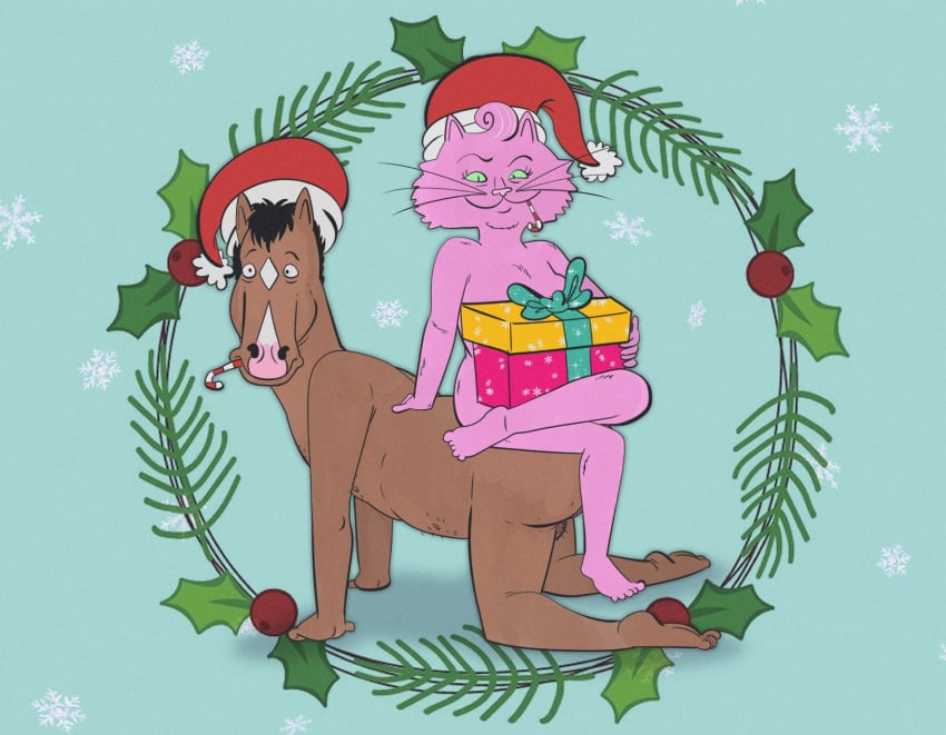 2023 5_toes all_fours anthro arm_support balls bent_legs biped black_eyebrows black_eyelashes black_hair black_pupils black_whiskers body_hair bojack_horseman bojack_horseman_(character) breasts brown_balls brown_body brown_ears brown_fur brown_nipples candy candy_cane candy_cane_in_mouth candy_in_mouth cheek_tuft chest_tuft christmas christmas_clothing christmas_headwear christmas_present closed_smile clothing crossed_legs curved_eyebrows dessert digital_drawing_(artwork) digital_media_(artwork) domestic_cat duo equid equine extended_arm extended_arms eyebrows eyelashes facial_tuft feet felid feline felis female fingers food food_in_mouth fur fur_tuft genitals gift green_sclera hair hairy_balls hat hat_only head_turned headgear headgear_only headwear headwear_only hi_res highlights_(coloring) holidays horse humanoid_feet jodero long_whiskers looking_at_viewer male male/female male_focus mammal mature_anthro mature_female mostly_nude mostly_nude_anthro mostly_nude_female mostly_nude_male mouth_closed netflix nipples no_irises pattern_background pink_body pink_ears pink_fur pink_nose plantigrade prick_ears princess_carolyn pseudo_hair pupils santa_hat short_hair simple_background sitting sitting_on_another smile smiling_at_viewer snout toes tuft whiskers white_highlights