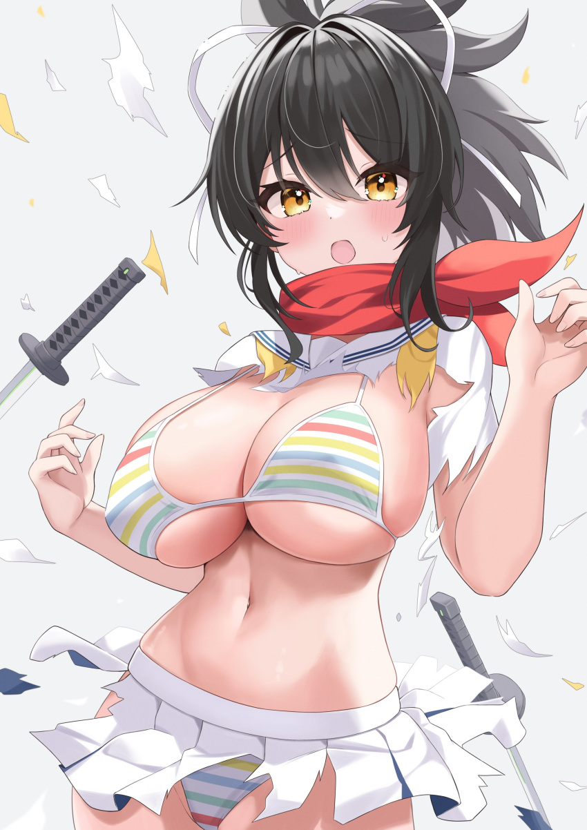 1girls 2023 absurdres asuka_(senran_kagura) azur_lane bikini black_hair blush breasts cleavage dual_wielding elegant_(sumisumi4268) female hair_ornament hair_ribbon hanzou_academy_uniform highres holding large_breasts long_hair looking_at_viewer marvelous multicolored_bikini multicolored_clothes multicolored_stripes open_mouth ponytail rainbow_bikini red_scarf ribbon scarf senran_kagura short_ponytail simple_background solo striped striped_bikini sweater_vest swimsuit sword torn_clothes wakizashi weapon white_background white_ribbon yellow_eyes