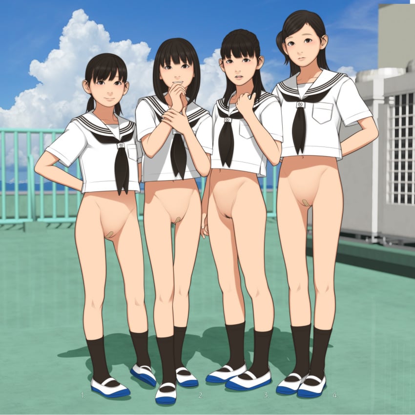 4girls arms_behind_back asian bandaid bandaid_on_pussy black_eyes black_hair black_neckerchief black_socks blue_sky bottomless crop_top day female_pubic_hair full_body groin highres japanese legs looking_at_viewer medium_hair multiple_girls navel neckerchief one_side_up open_mouth original parted_lips pubic_hair pussy railing rooftop sailor_collar school_uniform serafuku shadow shinchou_ni_kansuru_kousatsu shoes short_twintails sky smile socks standing twintails white_sailor_collar