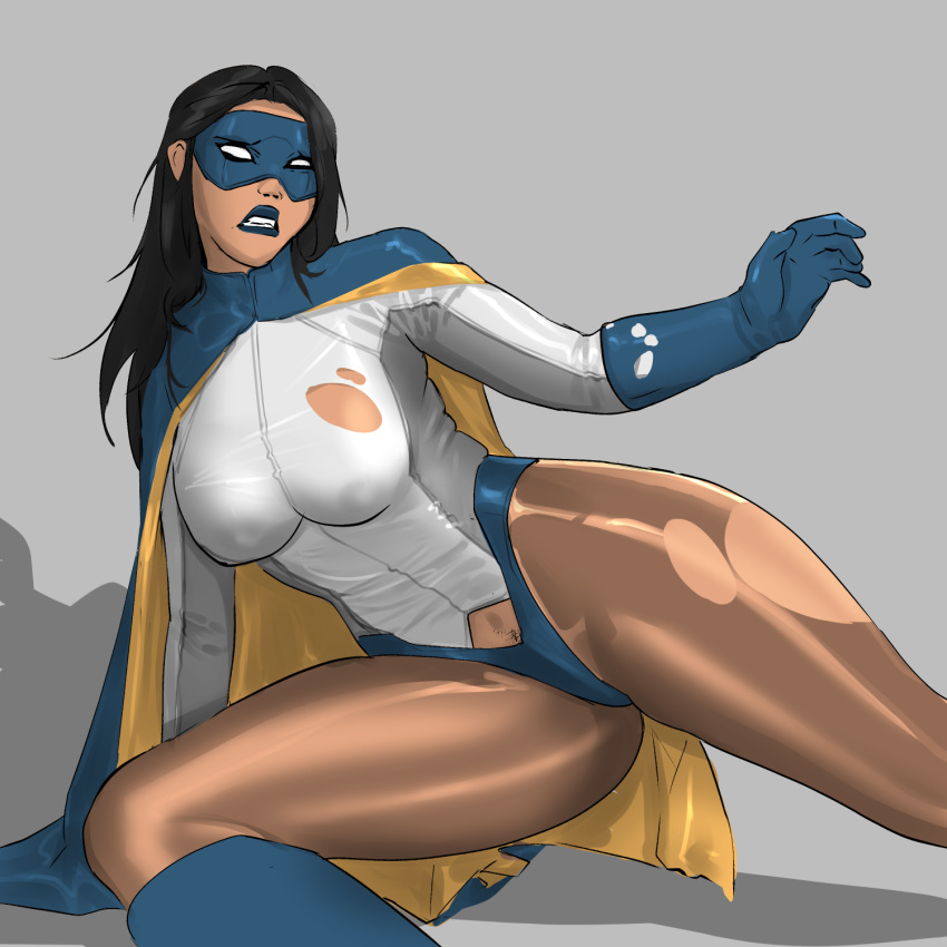 areola_bulge black_hair blue_lipstick cape defeated defeated_heroine gloves heroine leotard mask nipples_visible_through_clothing pantyhose ptsalad superheroine tan_skin torn_clothes torn_pantyhose