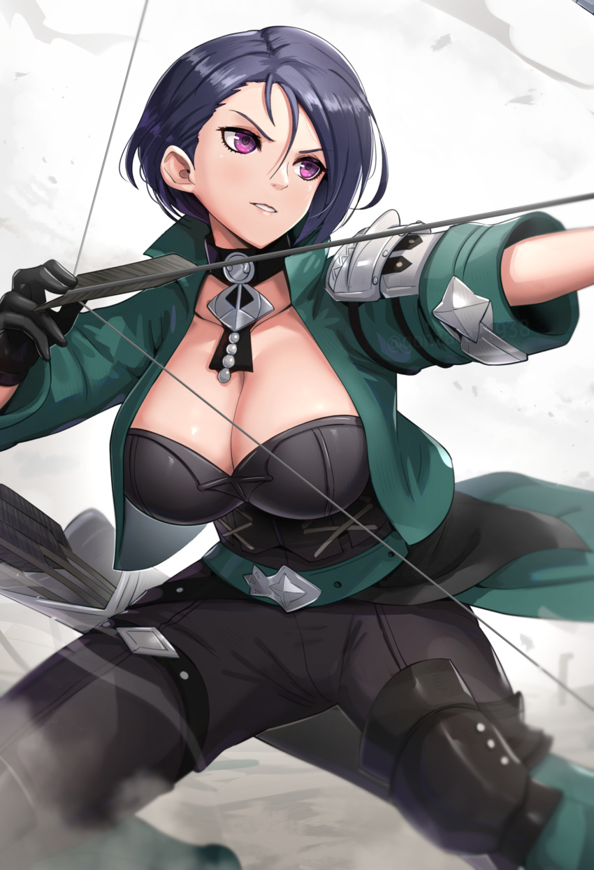 1girls arrow_(projectile) belt black_pants blue_hair bodice bow_(weapon) breasts choker cleavage deep_cleavage drawing_bow female female female_only fire_emblem fire_emblem:_three_houses gloves gonzarez green_belt green_jacket highres holding holding_bow_(weapon) holding_weapon jacket large_breasts nintendo open_clothes open_jacket pants purple_eyes quiver redrawn revision shamir_nevrand short_hair simple_background smile solo weapon