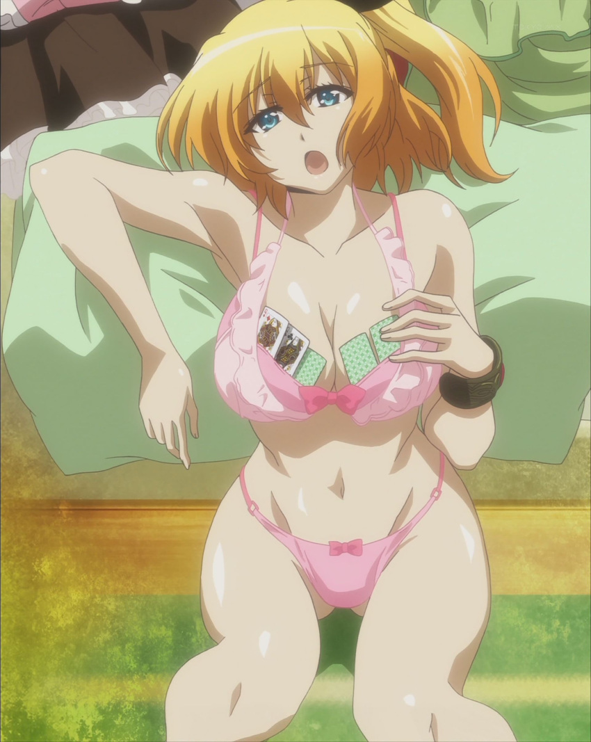 1girls big_breasts blonde_hair blue_eyes bra busty cards cleavage dakara_boku_wa_h_ga_dekinai female female_only fukumune_iria large_breasts legs navel object_on_breast panties pink_bra pink_panties screencap sitting smile solo stitched thighs voluptuous