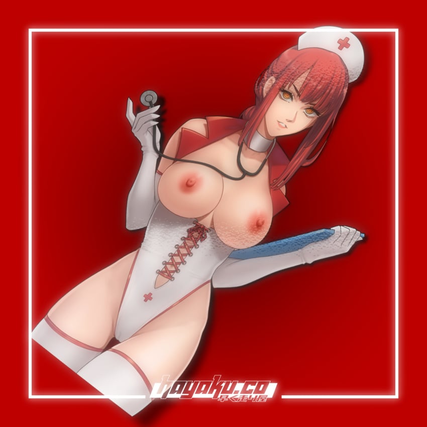 breasts_out chainsaw_man gloves j_adsen large_breasts makima_(chainsaw_man) nipples nurse