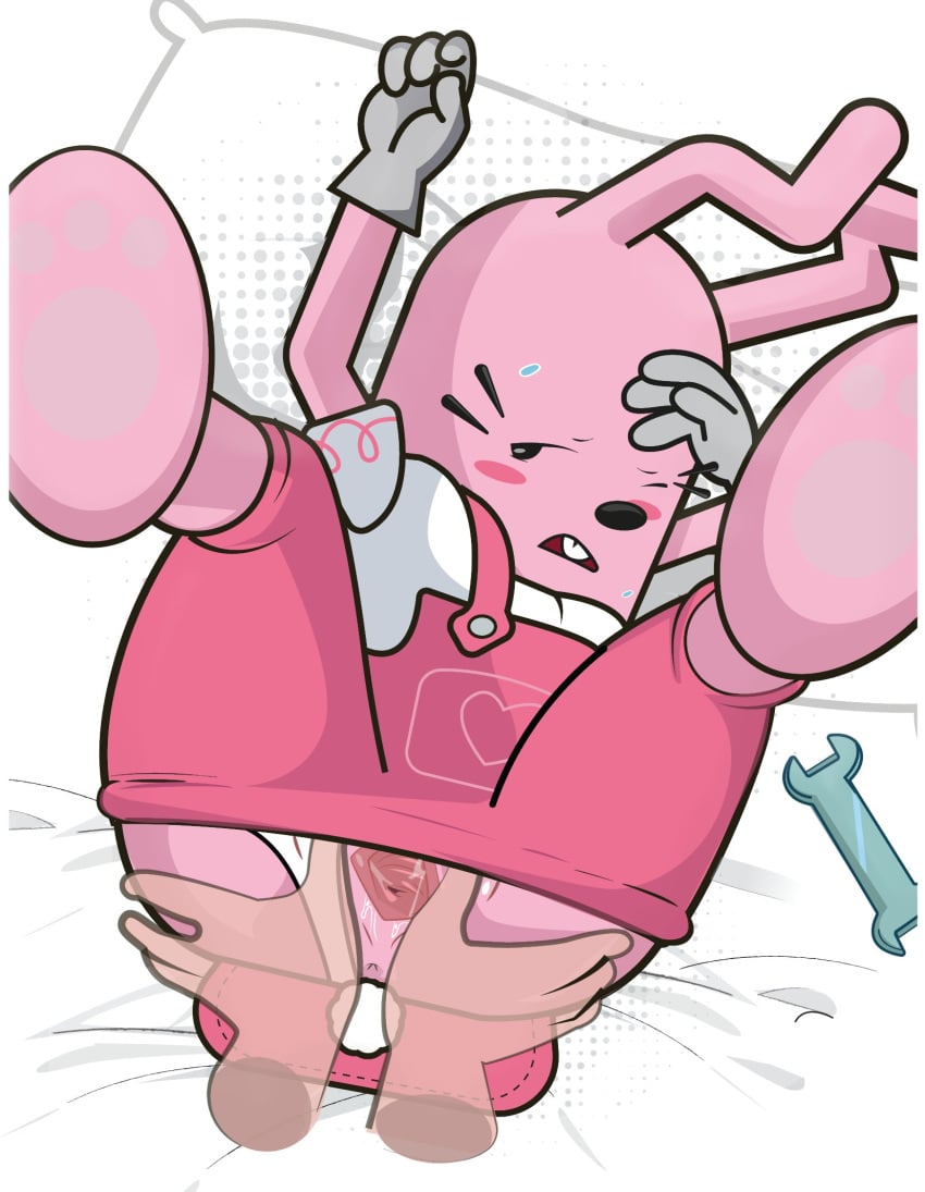 ambiguous_gender anthro blush bodily_fluids buckteeth clothing clothing_aside duo female frown fur genital_fluids genitals gosgoz hi_res lagomorph legs_up leporid looking_at_viewer lying mammal on_back one_eye_closed open_mouth overalls panties panties_aside pillow pink_body pink_fur pussy pussy_juice rabbit spread_pussy spreading sweat teeth tools underwear underwear_aside widget wow!_wow!_wubbzy! wrench