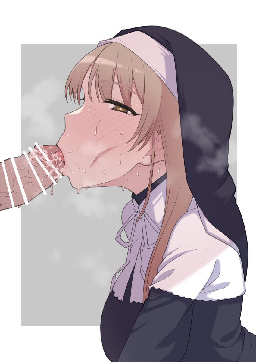 1boy absurdres azarashi_(kkuh3353) bar_censor blush breasts brown_eyes brown_hair censored erection fellatio female highres human human_only light-skinned_female light-skinned_male light_skin long_hair male nijisanji nun nun's_habit nun_outfit oral out_of_frame penis sister_claire sister_cleaire smegma solo_focus straight sweat veil virtual_youtuber