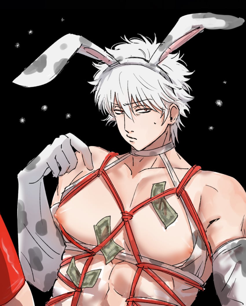 2_duchi black_background bondage bondage bunny_ears cow_print cow_print_armwear dollar_bills elbow_gloves embarrassed fake_animal_ears gintama gintoki_sakata gloves male male_only money money_under_clothes nipple_slip pecs red_thighhighs rope rope_bondage rope_harness solo sweatdrop thighhighs toned toned_male white_hair