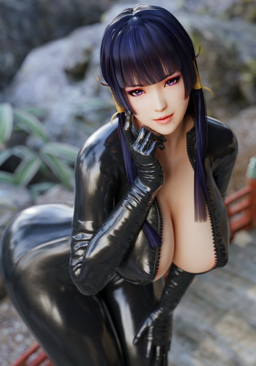 1girls 3d akiryo akiyamaryo asian asian_female big_ass big_breasts black_hair bodysuit catsuit cleavage dead_or_alive dead_or_alive_5 dead_or_alive_5_last_round female female_only latex latex_suit light-skinned_female long_hair looking_at_viewer nyotengu purple_eyes red_lips smile smiling smiling_at_viewer solo viewed_from_below wide_hips