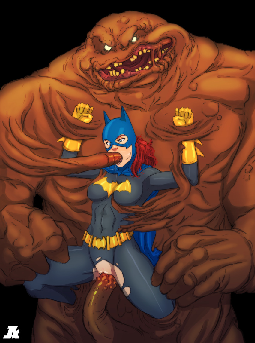 :>= barbara_gordon batgirl batman_(series) blue_eyes bound cape clayface dc double_penetration penis_in_mouth penis_in_pussy pumpkinsinclair red_hair ripped_clothing tagme tentacle