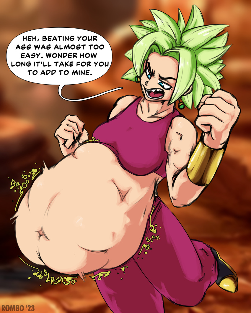 2023 angry big_belly breasts clothing dragon_ball dragon_ball_super female_pred fusion green_hair kefla large_breasts muscular muscular_female pregnant roundrombo_(artist) vore vore_belly