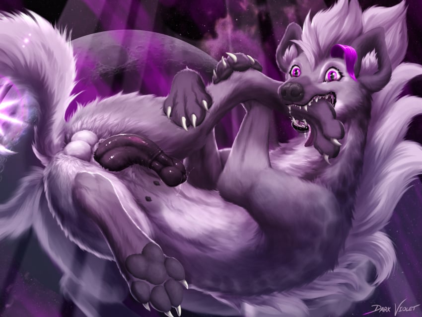 4:3 anatomically_correct animal_genitalia animal_pussy bite black_nose claws dark_violet dark_violet_(character) english_text feet female feral fur genitals grey_hair hair hi_res highlights_(coloring) hyena leg_bite lying mammal moon nipples on_back pawpads pseudo-penis pseudo_balls purple_eyes pussy self_bite solo spots spotted_body spotted_fur spotted_hyena teats text