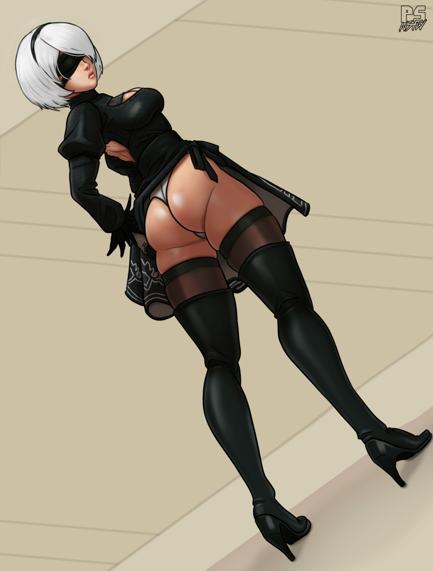 ass blindfold fully_clothed girl looking_at_viewer nier:_automata panties pumpkinsinclair skirt skirt_lift skirt_up tagme tagyourshit yorha_2b