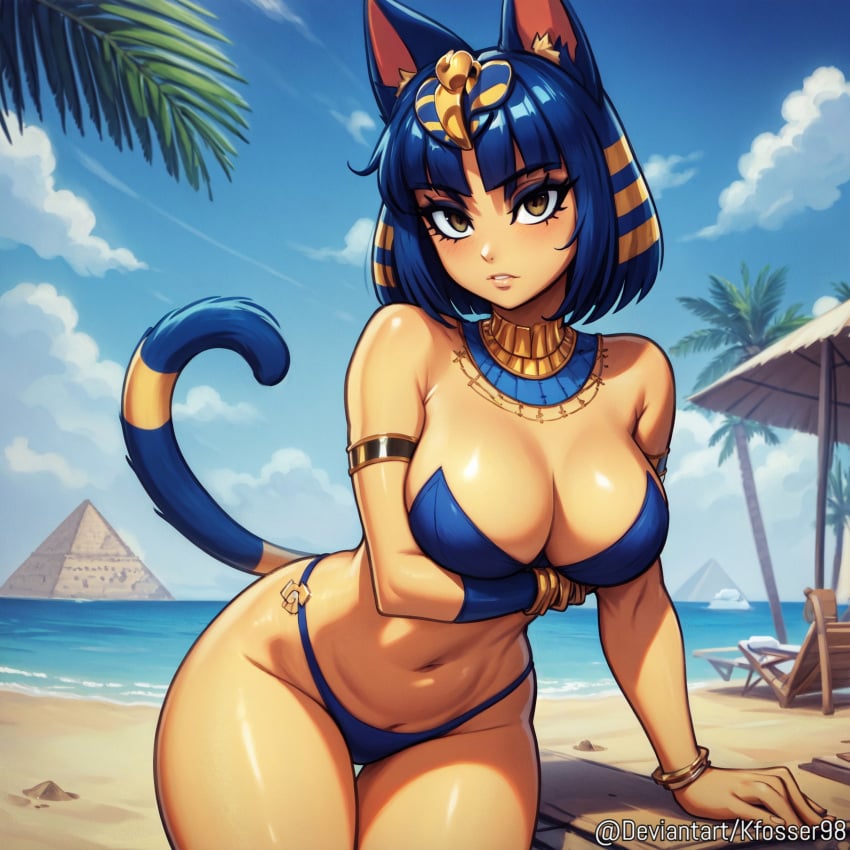 1girls ai_generated animal_crossing ankha ankha_(animal_crossing) beach bikini black_eyes blue_eyeliner blue_eyes blue_hair bob_cut cat_ears cat_tail catgirl cute egyptian egyptian_clothes egyptian_female eyelashes eyeliner feline female fringe fur furry humanized looking_at_viewer medium_hair midriff nintendo ocean petite pyramid seductive_look short_hair teenager yellow_eyes yellow_fur