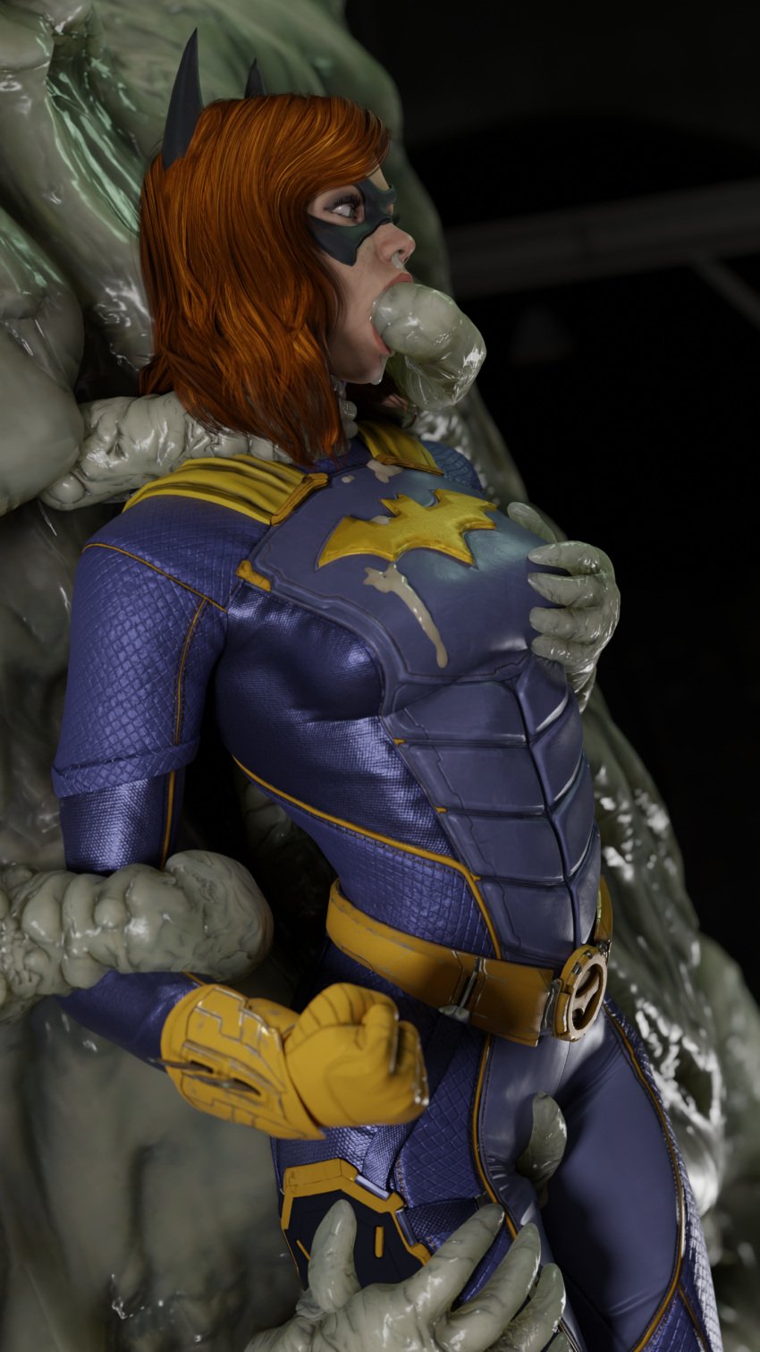 barbara_gordon batgirl batgirl_(gotham_knights) clayface damsel_in_distress dc dc_comics female forced_oral ginger gotham_knights grope groping_breasts groping_from_behind held monster red_hair restrained rindekey struggling superheroine tentacle