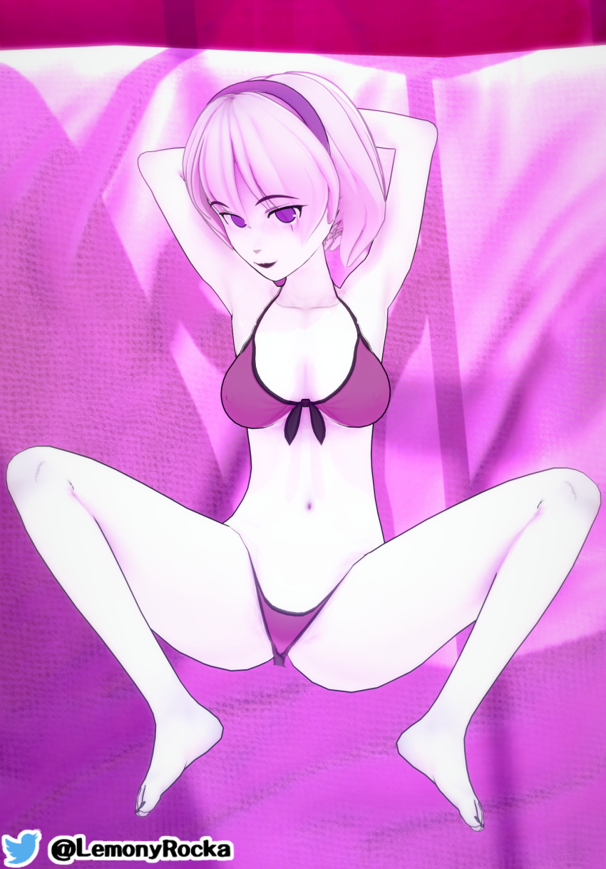 1girls 3d 3d_(artwork) bed black_lipstick bra female female_only homestuck koikatsu legs legs_up lemonyrocka lipstick looking_at_viewer lying lying_on_bed panties purple_eyes purple_hairband rose_lalonde self_upload smile smiling smiling_at_viewer suggestive underwear white_hair white_skin