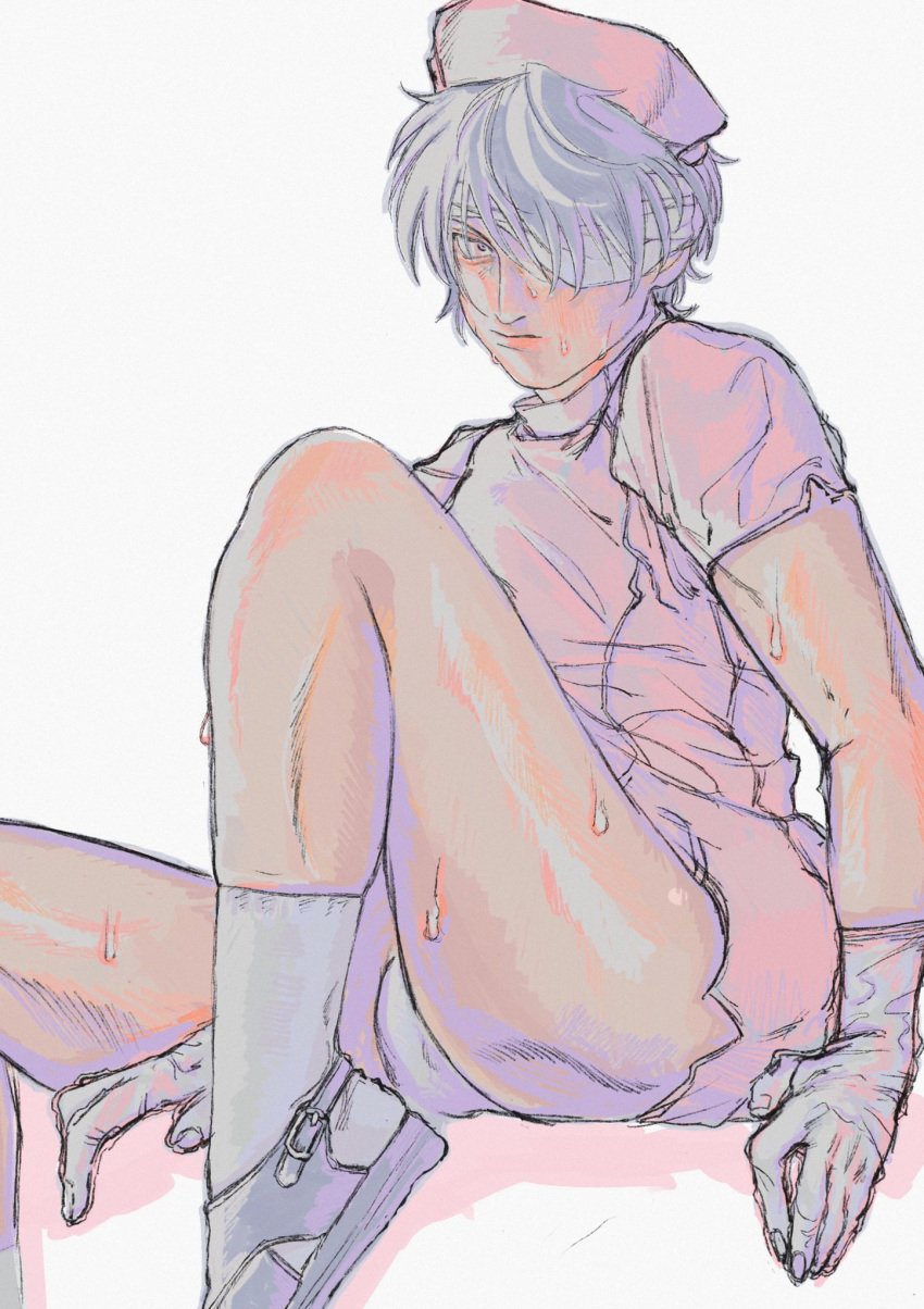 636shu alternate_costume bandages blush bulge crossdressing embarrassed eye_patch gintama gloves looking_at_viewer male male_only nurse nurse_cap nurse_uniform panties restricted_palette sitting solo sweat takasugi_shinsuke white_gloves white_panties