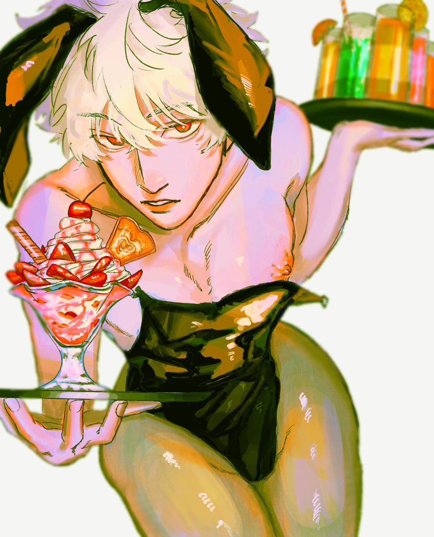 1boy 636shu alternate_costume bunny_boy bunny_ears bunnysuit food gintama gintoki_sakata high-angle_view looking_at_viewer male male_only male_playboy_bunny nipple_slip pantyhose parfait red_eyes solo tray waiter wardrobe_malfunction white_hair wide_hips