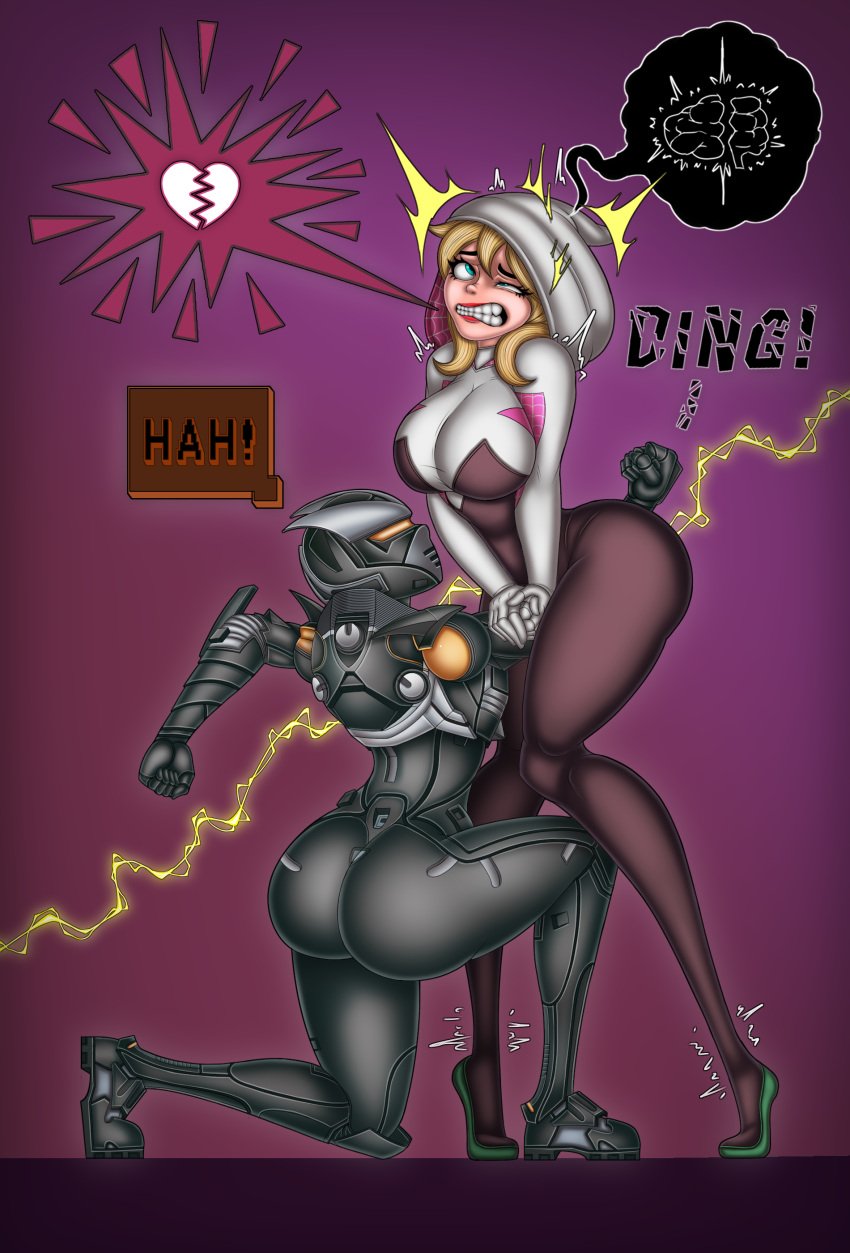 2girls ass big_breasts big_butt blonde_hair blue_eyes breasts catfight clenched_teeth cross-eyed crotch_shot cuntbusting defeat defeated eyes_rolling_back female female_focus female_only femdom fight fighting finvexer fortnite fortnite:_battle_royale gwen_stacy high_resolution hood huge_ass huge_breasts huge_butt knees_together_feet_apart large_ass large_breasts legs light-skinned_female light_skin lipstick long_legs low_blow marvel marvel_comics mind_break oblivion_(fortnite) punching robot robot_girl ryona spider-gwen spider-man_(series) superheroine thick_thighs