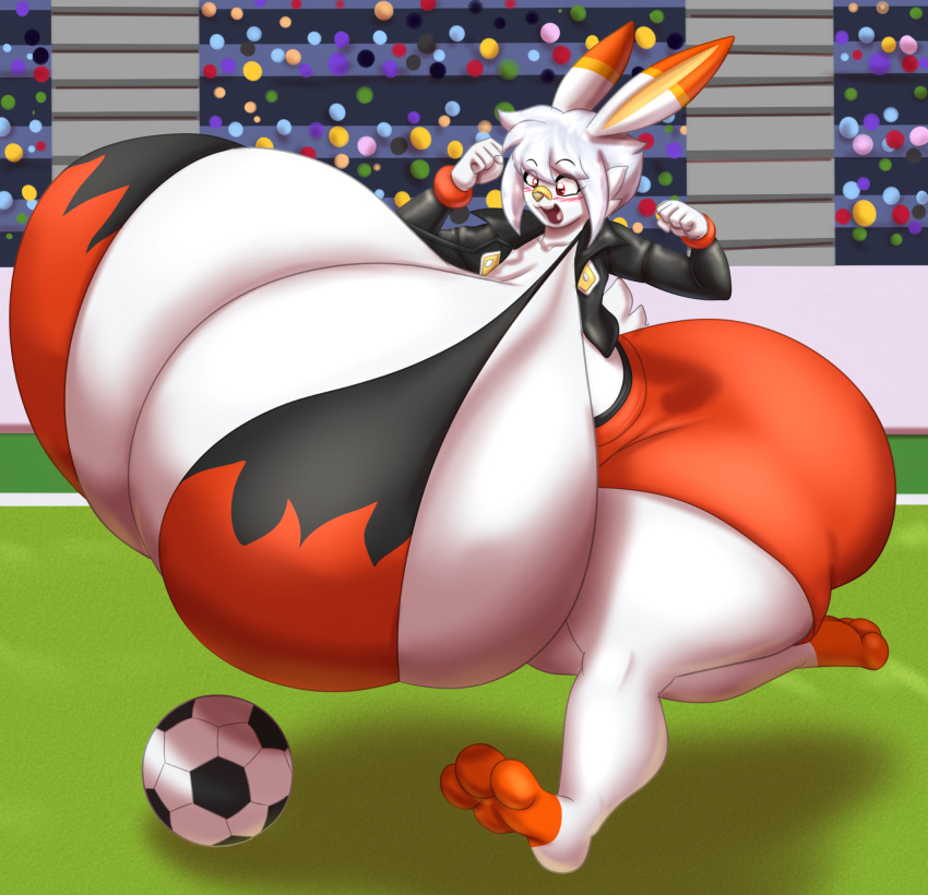 anthro ass ball big_butt blues64 blush bottomwear bra breasts clothing dipstick_ears enormous_breasts female generation_8_pokemon hair hi_res huge_butt huge_hips huge_thighs hyper hyper_breasts hyper_butt jacket marauder6272 multicolored_ears nintendo open_mouth pokemon pokemon_(species) red_eyes scorbunny shorts soccer_ball solo thick_thighs topwear underwear white_body white_hair wide_hips