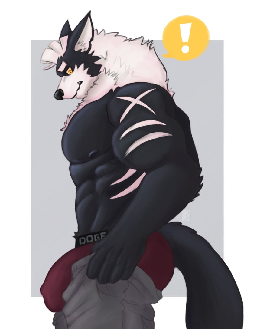 anthro blurau bottomwear bottomwear_down bulge clothed clothing exclamation_point hi_res male meme muscular muscular_male nipples pants pants_down partially_clothed pulling_up_pants solo tight_pants_(meme) underwear