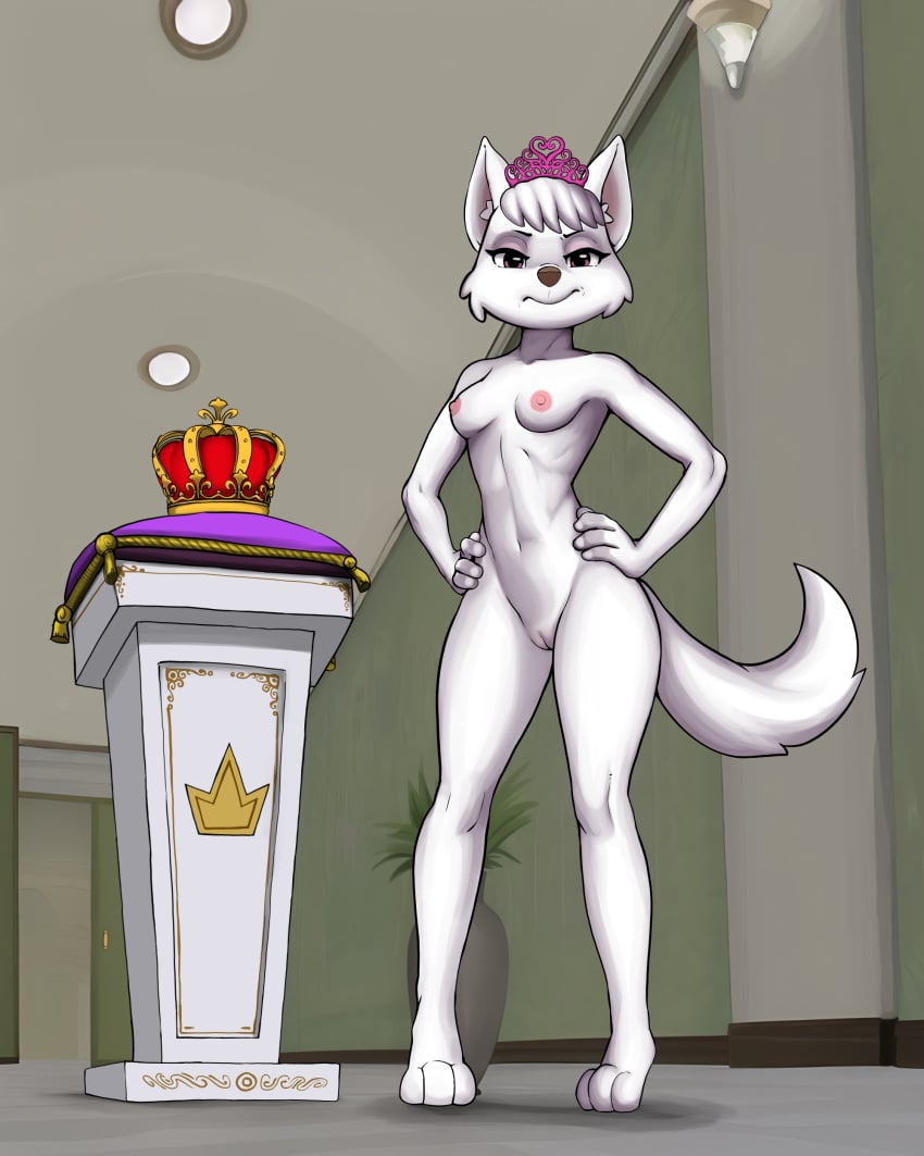 3_fingers 3_toes 4:5 absurd_res aged_up anthro anthro_only anthrofied breasts canid canine canis cleavage clothed clothing crown detailed_background diacordst domestic_dog feet female fingers fur headgear hi_res hunting_dog looking_at_viewer mammal nude paw_patrol pink_clothing pink_eyes solo sweetie_(paw_patrol) terrier tiara toes west_highland_white_terrier white_body white_fur