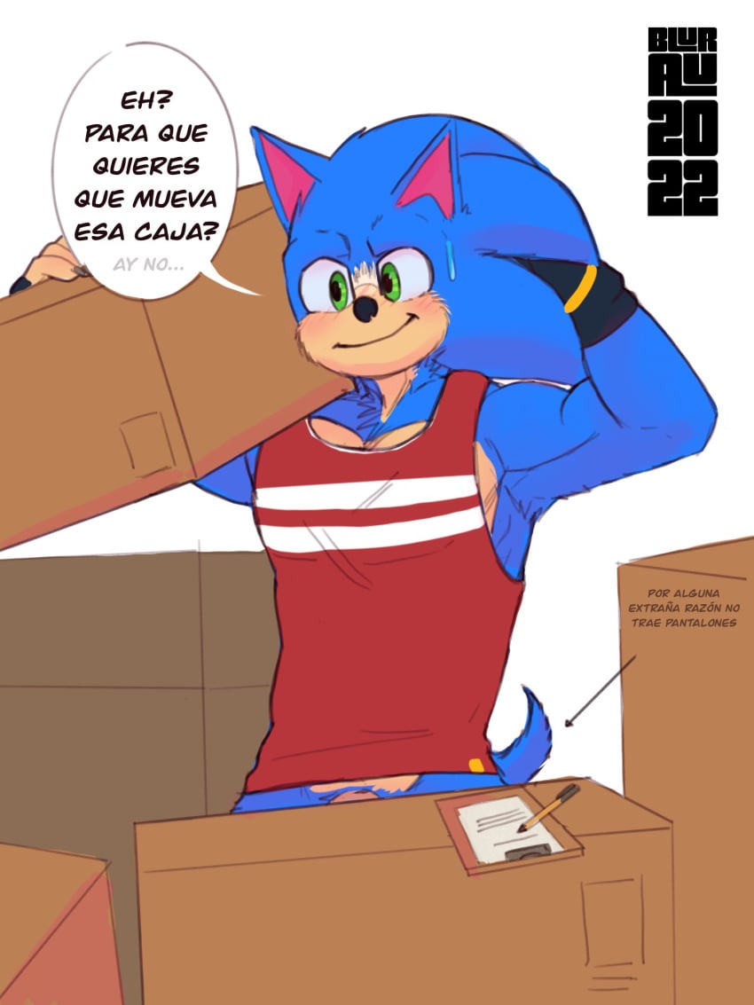 anthro blurau blush bodily_fluids bottomless clothed clothing dialogue genitals hi_res male muscular muscular_male penis sega solo sonic_(series) sonic_the_hedgehog sonic_the_hedgehog_(series) spanish_text speech_bubble sweat sweatdrop text