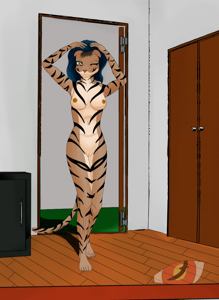 1girls anthro bethesda_softworks blackreaper_bk201 blue_towel breasts cabinet closet detailed_background door drying drying_hair felid female floor green_eyes hair hi_res indoors inside invalid_tag khajiit mammal nipples nude nude_female solo stripes the_elder_scrolls towel walking wall wet_hair white_wall wooden_floor