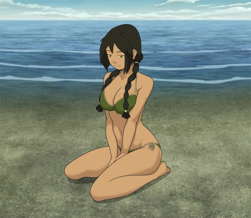 1girls anaxus avatar_the_last_airbender beach big_breasts breasts brown_hair busty cleavage female female_only jin_(avatar) kneeling large_breasts legs looking_down navel smile swimsuit swimwear thighs thong thong_bikini twin_braids voluptuous