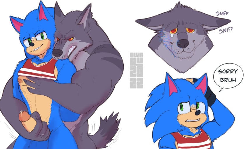 anthro balls blurau bodily_fluids bottomless canid canine canis clothed clothing dialogue duo gay genital_fluids genitals handjob hi_res male male/male mammal muscular muscular_male nipples penile penis precum reach_around sega sex sonic_(series) sonic_the_hedgehog sonic_the_hedgehog_(series) speech_bubble tears wolf