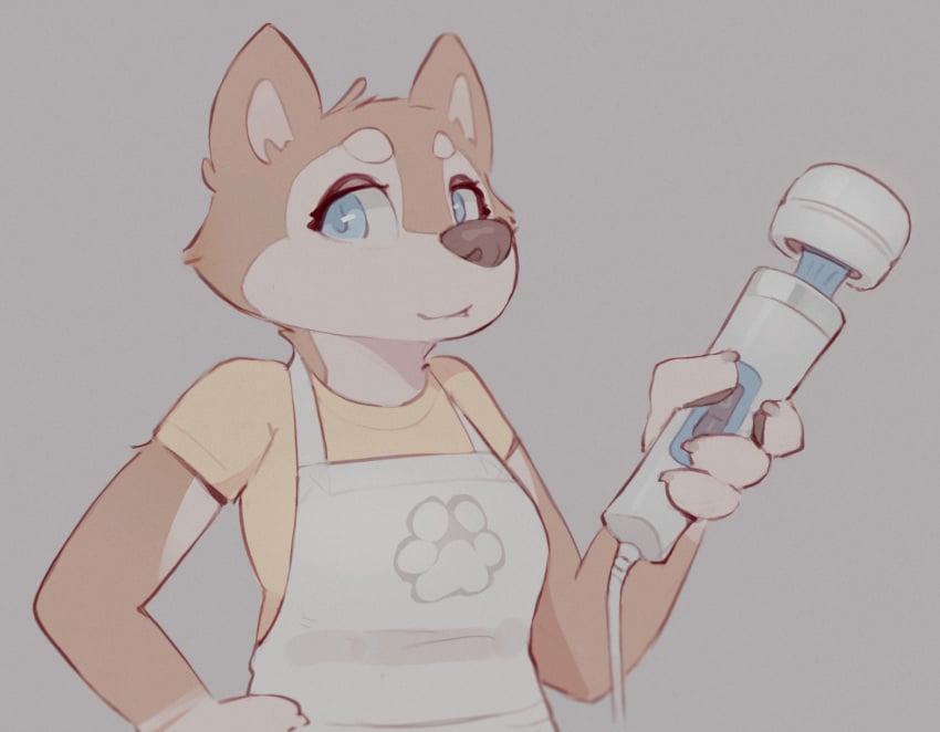 anthro apron blue_eyes canid canine canis clothed clothing domestic_dog female footprint fully_clothed grey_background hi_res hitachi_magic_wand husky looking_at_viewer mammal nordic_sled_dog pawprint sex_toy shaded shirt simple_background simple_shading skidoo solo spitz standing topwear vibrator wand_vibrator