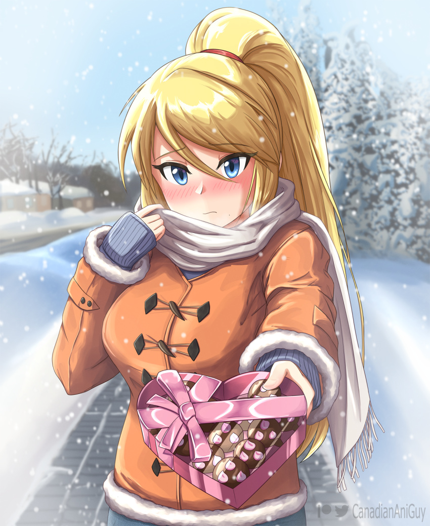 blonde_hair blue_eyes blush box breasts canadiananiguy chocolate clothed coat commentary cute day english_commentary female fur_trim hair_between_eyes heart-shaped_box highres incoming_gift jacket large_breasts long_sleeves metroid nintendo nose_blush orange_jacket outdoors ponytail samus_aran scarf solo valentine white_scarf wholesome winter winter_clothes winter_coat